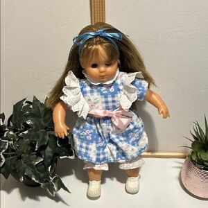 Vintage Blue and Pink Checkered Doll with Lace Dress